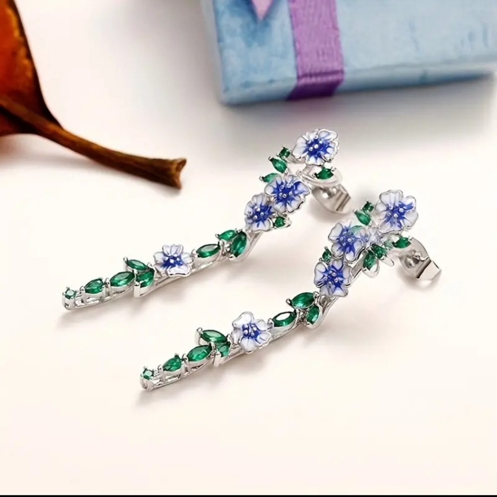 Silver Plated Blue Lily Flower Dangle Drop Earrings. - Picture 2 of 7
